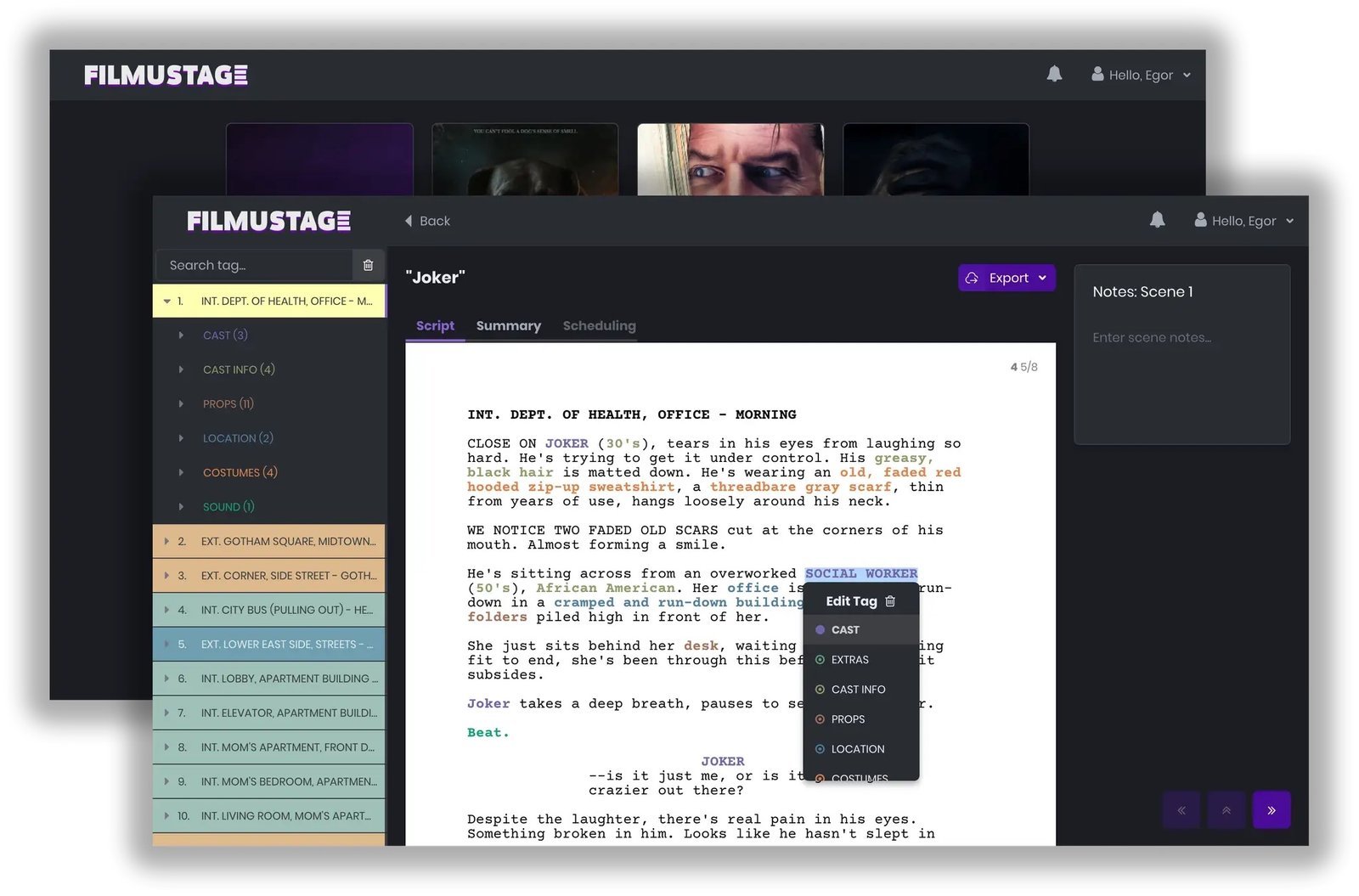 Filmustage: Software for Screenplay, Script Breakdown made with AI in seconds